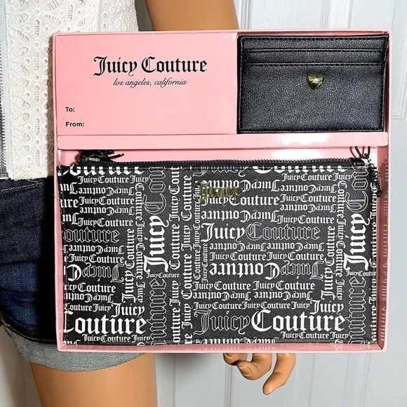 Juicy Couture Black White Gothic Logo Wristlet & Black Card Case Set New - Picture 2 of 3